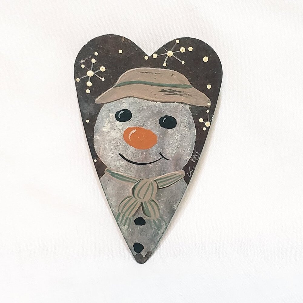 Snowman Winter Christmas Hand Painted Metal Heart Brooch Pin 2.5" Vintage